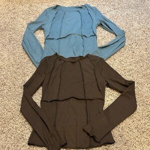 Blue and Brown Long Sleeve Tops